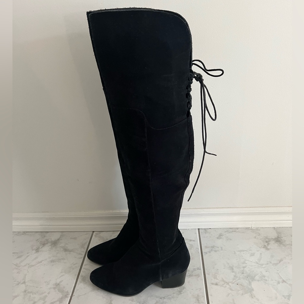 Western style over the knee genuine black suede boot